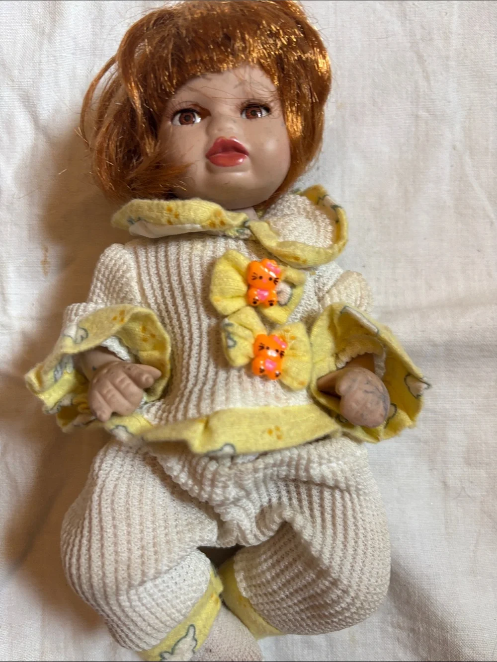VTG -Yellow-Trim Cream Knit porcelain Baby Doll Outfit with Decorative Buttons